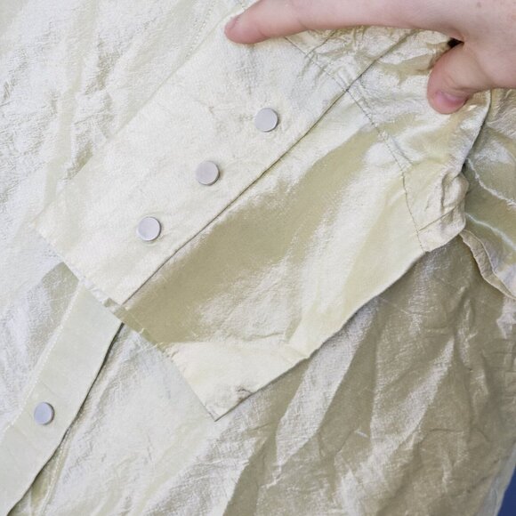 Y2K Raw Silk Shirt Sz XL Petite Snap Light Green Long Sleeve Irridescent Office - Picture 6 of 12